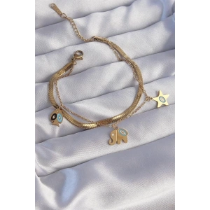 316L Çelik Gold Renk Çift Zincir Çoklu Aksesuarlı Bileklik