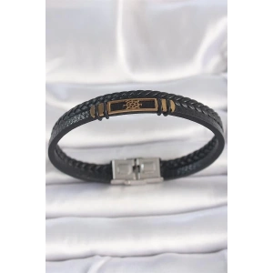 316L Çelik Gold Renk Gemi Dümeni Aksesuarlı Çift Sıra Burgu Desenli Deri Kordon Erkek Bileklik
