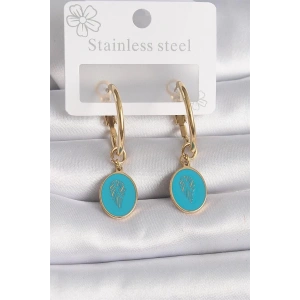 316L Çelik Gold Renk Halka Model Mavi İşlemeli Detay Kadın Küpe