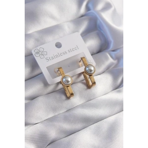 316L Çelik Gold Renk İnci Taşlı Dikdörtgen Model Küpe