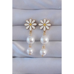 316L Çelik Gold Renk İnci Taşlı Papatya Model Sallantılı Küpe