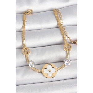 316L Çelik Gold Renk İtalyan Zincir Beyaz Mineli Yonca Model Zirkon Taş Detaylı Kadın Bileklik