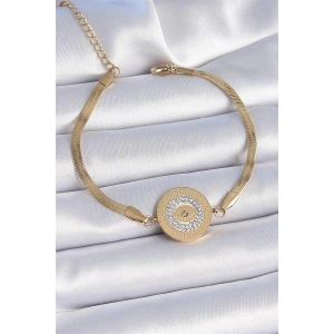 316L Çelik Gold Renk İtalyan Zincir Zirkon Taşlı Göz İşlemeli Madalyon Model Kadın Bileklik