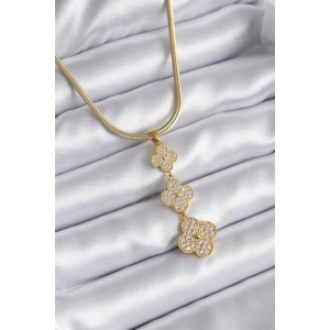 316L Çelik Gold Renk İtalyan Zincir Zirkon Taşlı Yonca Model Kadın Kolye