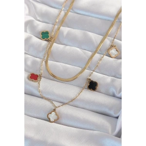 316L Çelik Gold Renk İtalyan Zincirli Renkli Mineli Çoklu Yonca Kolye