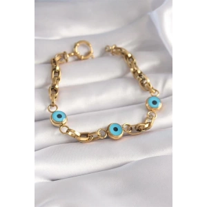 316L Çelik Gold Renk Kalın Zincir Nazar Boncuk Detay Kadın Bileklik