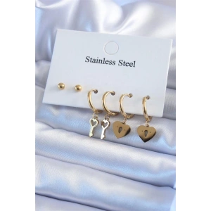 316L Çelik Gold Renk Kilit Kalp Model Kalp Anahtar Detay Kadın Küpe Seti