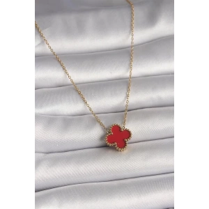 316L Çelik Gold Renk Kırmızı Yonca Model Kadın Kolye