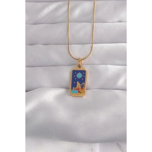 316L Çelik Gold Renk Mavi Mineli Kız Figür Tarot Kolye