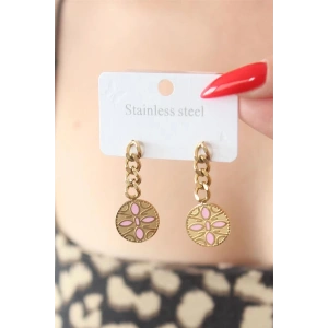 316L Çelik Gold Renk Sallantı Çiçek Model İşleme Detay Kadın Küpe