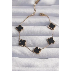 316L Çelik Gold Renk Siyah Mineli Yonca Bileklik