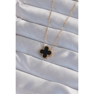 316L Çelik Gold Renk Siyah Mineli Yonca Kolye