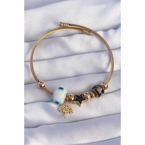 316L Çelik Gold Renk Siyah Zirkon Taşlı Yıldız Tasarımlı Ağaç Detay Nazarlı Charm Bileklik