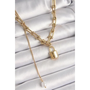 316L Çelik Gold Renk Tiffany Zincir Model Kilit Figür Sallantı İnci Detay Kadın Kolye