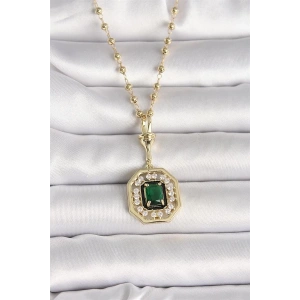 316L Çelik Gold Renk Topçuk Zincir Yeşil Taşlı Seranay Model Kadın Kolye