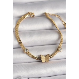 316L Çelik Gold Renk Yassı Zincir Zirkon Taşlı Simli Kelebek Figür Kadın Bileklik