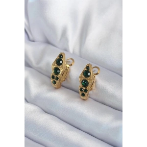 316L Çelik Gold Renk Yeşil Kristal Taş Detay Yılan Model Kadın Küpe