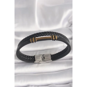 316L Çelik Gold Renk ZikZak İşlemeli Aksesuarlı Çift Sıra Burgu Desenli Deri Kordon Erkek Bileklik