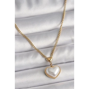 316L Çelik Gold Renk Zincir 3D İnci Kalp Model Kadın Kolye
