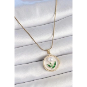 316L Çelik Gold Renk Zincir Beyaz Mineli İncili Çiçek İşlemeli Portre Model Kadın Kolye