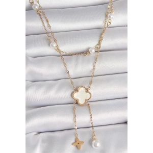 316L Çelik Gold Renk Zincir Beyaz Yonca Figür Sallantı Çiçek İnci Detay Kadın Kolye
