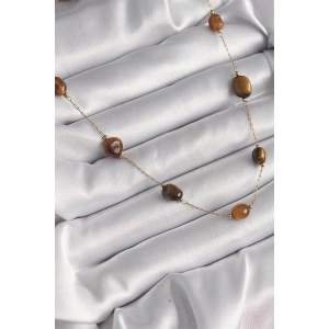 316L Çelik Gold Renk Zincir Kahvrengi Doğaltaş Model Kadın Kolye