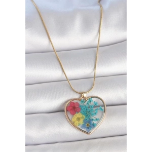 316L Çelik Gold Renk Zincir Kalp Epoksi Renkli Çiçek Model Kadın Kolye