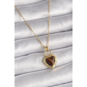 316L Çelik Gold Renk Zincir Kilit Kalp Kehribar Boncuk Model Kadın Kolye