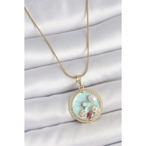 316L Çelik Gold Renk Zincir Mavi Mineli İnci Çiçek İşlemeli Zirkon Taş Detaylı Madalyon Model Kadın Kolye