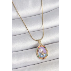 316L Çelik Gold Renk Zincir Mix Renk Deniz Yıldız İşlemeli Renki Çiçek Detay Portre Model Kadın Kolye