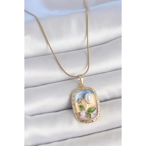 316L Çelik Gold Renk Zincir Mix Renk Mineli İnci Çiçek İşlemeli Portre Model Kadın Kolye