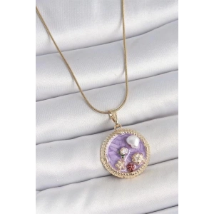 316L Çelik Gold Renk Zincir Mor Mineli İncili Çiçek İşlemeli Madalyon Model Kadın Kolye