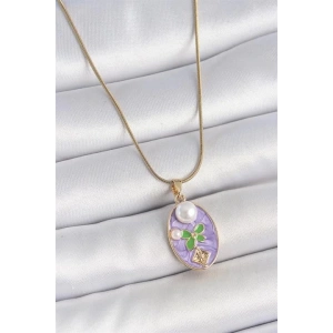 316L Çelik Gold Renk Zincir Mor Mineli Oval İncili Çiçek İşlemeli Portre Model Kadın Kolye
