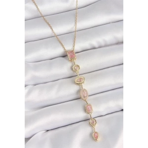 316L Çelik Gold Renk Zincir Pembe Zirkon Taşlı Y Model Dekolte Kadın Kolye