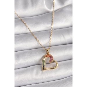 316L Çelik Gold Renk Zincir Renkli Zirkon Taşlı Kalp Model Kadın Kolye