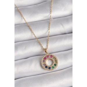 316L Çelik Gold Renk Zincir Renkli Zirkon Taşlı Madalyon Model Kadın Kolye