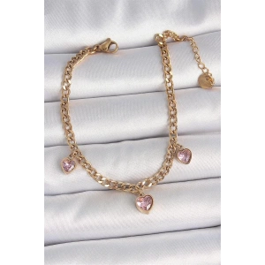 316L Çelik Gold Renk Zincir Sallantı Pembe Zirkon Taşlı Kalp Model Kadın Bileklik