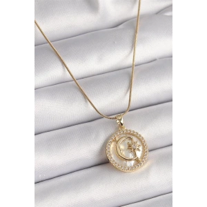 316L Çelik Gold Renk Zincir Zirkon Taş Detaylı Beyaz Sedefli Ay Yıldız Model Kadın Kolye