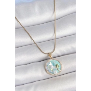 316L Çelik Gold Renk Zincir Zirkon Taş Detaylı Mavi Mineli Çiçek İşlemeli İnci Detay Kadın Kolye