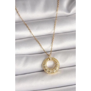 316L Çelik Gold Renk Zincir Zirkon Taş İşlemeli Daire Model Kadın Kolye