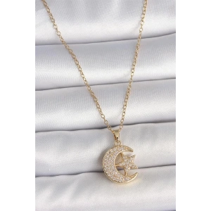 316L Çelik Gold Renk Zincir Zirkon Taşlı Ay Yıldız Model Kadın Kolye