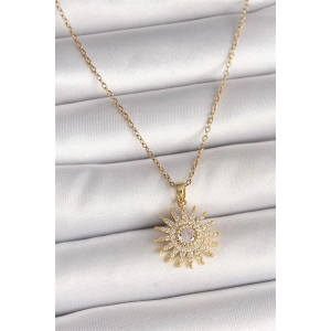 316L Çelik Gold Renk Zincir Zirkon Taşlı Güneş Model Kadın Kolye