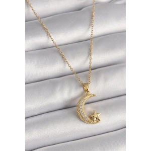 316L Çelik Gold Renk Zincir Zirkon Taşlı Hilal Model Yıldız Detay Kadın Kolye