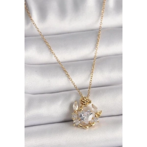 316L Çelik Gold Renk Zincir Zirkon Taşlı Kalp Model Gül Detay Kadın Kolye