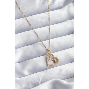 316L Çelik Gold Renk Zincir Zirkon Taşlı Kalp Model Kadın Kolye