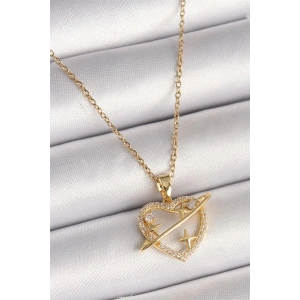 316L Çelik Gold Renk Zincir Zirkon Taşlı Kalp Model Yıldız Detay Kadın Kolye
