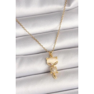 316L Çelik Gold Renk Zincir Zirkon Taşlı Kedi Model Kadın Kolye