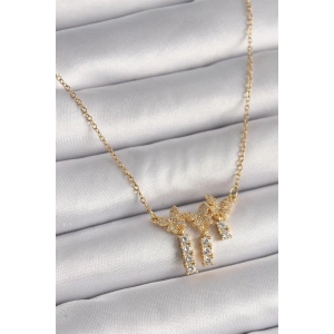 316L Çelik Gold Renk Zincir Zirkon Taşlı Kelebek Model Sallantı Detay Kadın Kolye