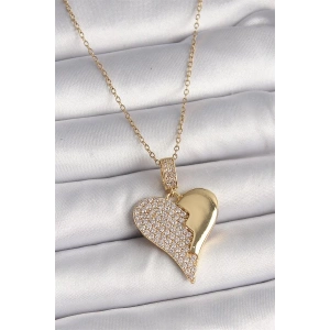 316L Çelik Gold Renk Zincir Zirkon Taşlı Kırık Kalp Model Kadın Kolye