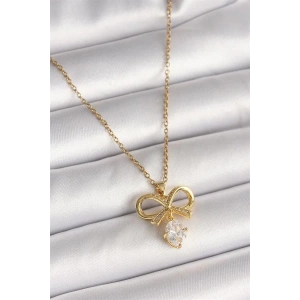 316L Çelik Gold Renk Zincir Zirkon Taşlı Kurdele Model Kadın Kolye